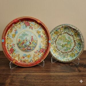 Vintage Daher Chinoiserie Decor Set | Tin Pagoda Tray & Floral Bowl